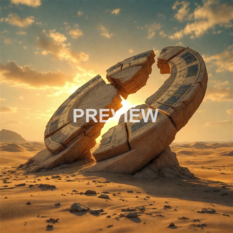 The image depicts a large, broken clock sculpture in the shape of a question mark, made of stone with clock faces on its surface, situated in a desert landscape during sunset.